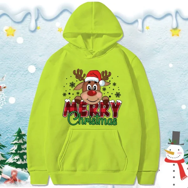 (Premium Hoodie)Cute Merry Christmas Print Hoodie Women Autumn Winter Lovely Fleece Long Sleeve Men Casual Round Neck Pullover - Image 2