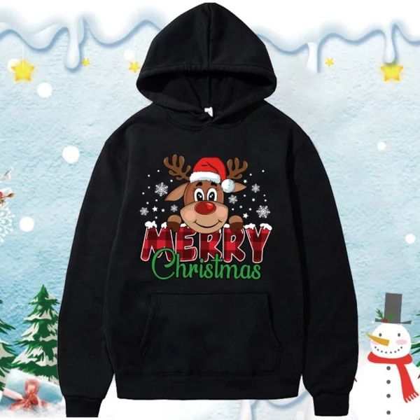 (Premium Hoodie)Cute Merry Christmas Print Hoodie Women Autumn Winter Lovely Fleece Long Sleeve Men Casual Round Neck Pullover - Image 3