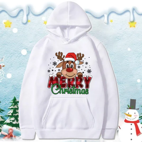 (Premium Hoodie)Cute Merry Christmas Print Hoodie Women Autumn Winter Lovely Fleece Long Sleeve Men Casual Round Neck Pullover - Image 4