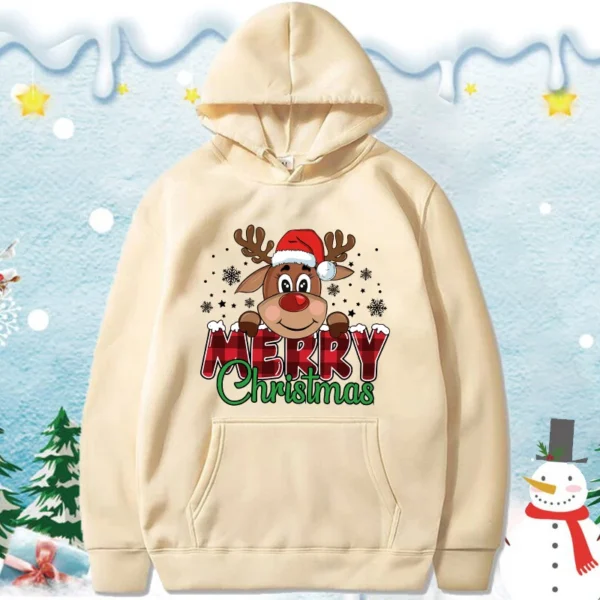 (Premium Hoodie)Cute Merry Christmas Print Hoodie Women Autumn Winter Lovely Fleece Long Sleeve Men Casual Round Neck Pullover - Image 6