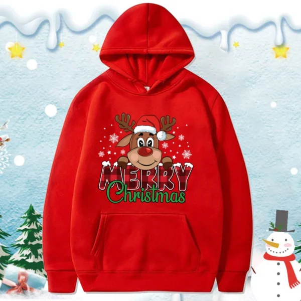 (Premium Hoodie)Cute Merry Christmas Print Hoodie Women Autumn Winter Lovely Fleece Long Sleeve Men Casual Round Neck Pullover